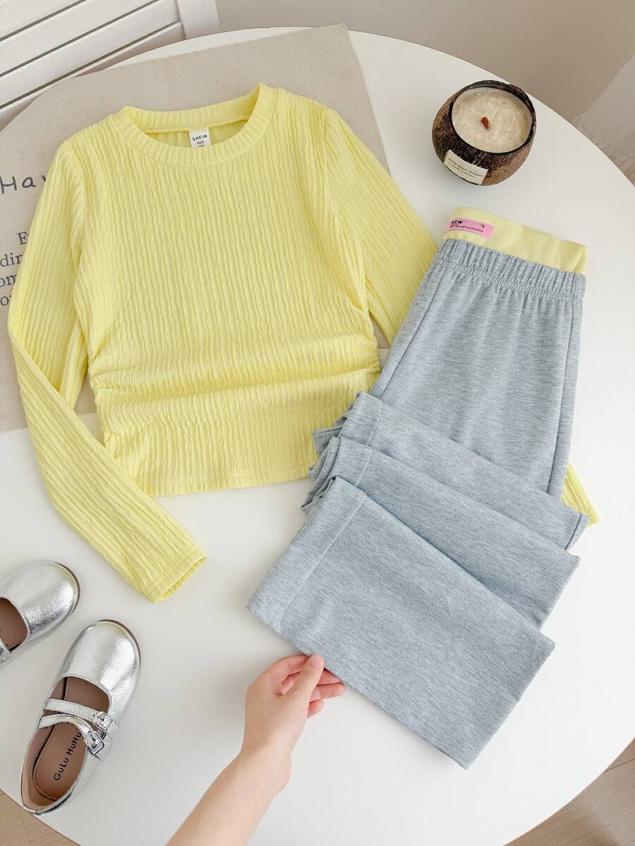 SHEIN Bộ 2 món cho bé gái tuổi teen, áo dệt kim jacquard kẻ sọc nhún cổ tròn phong cách casual Y2K phối màu xám - Nhiều màu - Xem 1