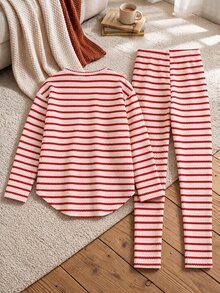 SHEIN Vintaside Kids 女童軟綿復古條紋上衣，圓弧下擺，配寬鬆長褲，修身輕量春/秋開學套裝 - 紅色 - 查看 7
