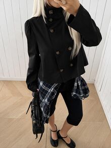 SHEIN EZwear 卡其色梭織鈕扣前開襟女款風衣，適合辦公商務、秋季優雅休閒，教師節穿搭 - 黑色 - 查看 4