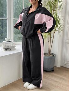 SHEIN EZwear 大尺碼女款拼色長袖拉鍊夾克與鬆緊腰長褲兩件套 秋季 - 黑色 - 查看 1
