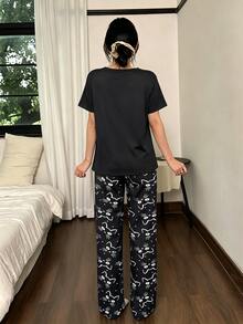 SHEIN Women's Cartoon Print Short Sleeve Top And Long Pants Casual Daily Home Pajama Set - Multicolor - View 2