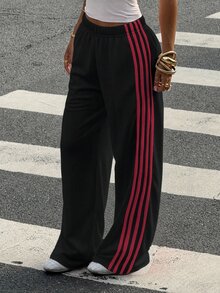 Muchica 大尺碼女款棕色側條紋寬腿寬鬆休閒長褲 S Trousers 大碼運動慢跑褲闊腿褲 秋季 - 彩色 - 查看 3