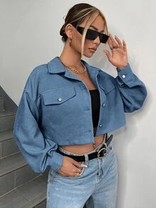 SHEIN EZwear 春季穿搭落肩翻蓋設計短版燈芯絨夾克 秋冬款 - 霧霾藍 - 查看 4