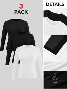 SHEIN EZwear 女款保暖修身圓領長袖T恤 3件組 秋季 - 彩色 - 查看 7