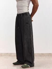 SWAVVY Men's Casual Loose Fit Long Pants, Spring/Summer/Autumn, Standard Size, Embroidered Black Snow Wash - Grey - View 6