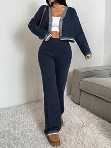 CovetEZ 2件組女款素色拼接前扣長袖休閒針織衫與長褲套裝，秋季女裝 - 藏蓝色 - 查看 5