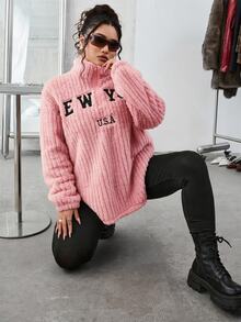 SHEIN EZwear 2件組休閒字母印花拉鍊抓絨連帽衫與修身瑜伽褲，百搭大尺碼，秋冬款 - 粉色 - 查看 7