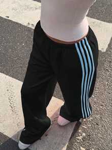 Muchica 大尺碼女款棕色側條紋寬腿寬鬆休閒長褲 S Trousers 加大號 運動慢跑褲 闊腿褲 秋季 - 彩色 - 查看 5