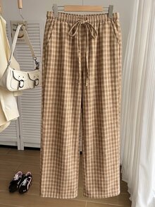 Comfortcana 巧克力棕色夏季休閒時尚 1950年代復古 1920年代 80年代日常格紋褲 寬鬆抽繩腰褶皺寬腿大尺碼長褲 正式 - 彩色 - 查看 4
