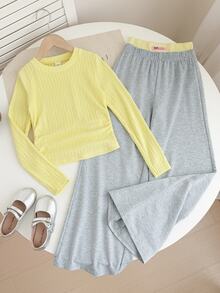 SHEIN Bộ 2 món cho bé gái tuổi teen, áo dệt kim jacquard kẻ sọc nhún cổ tròn phong cách casual Y2K phối màu xám - Nhiều màu - Xem 3