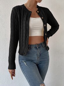 SHEIN EZwear 鏤空細節麻花編織開襟衫，秋冬長袖上衣 - 黑色 - 查看 6