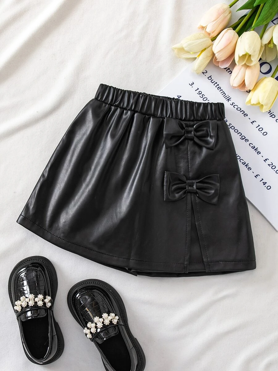 Young Girls Chic Black PU Leather Shorts With Elastic Waist And Button Accent Casual Summer Wear - Black - View 1
