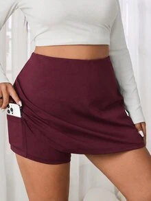 SHEIN EZwear 大尺碼女款黑色休閒柔軟裙褲，附口袋，適合秋季健身與網球運動 - 酒紅色 - 查看 3
