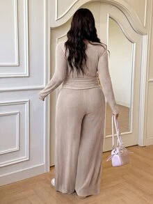 GalTyme 大尺碼女款純色長袖T恤與寬腿褲休閒兩件套 秋季 - 粉色 - 查看 7
