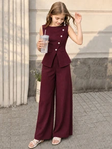 SHEIN 青少年女孩2件套：藍色背心上衣與長褲，兒童休閒優雅白色亮面提花珍珠鈕扣開襟衫配長褲... - 酒紅色 - 查看 3