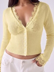 LYSMO Black Plus Size Women Autumn/Winter Beige Long Sleeve Lace Patchwork Cardigan - Pale Yellow - View 3