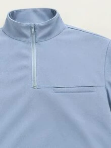 TaskEZ Light Blue Long Sleeve Small Stand Collar Top, Zipper Half-Open Front, Cuffed Sleeves, Mid-Length Loose Fit With Multiple Pockets, Soft Comfortable Slightly Elastic Fabric, Women's Scrub Uniform Top - Blue - View 6