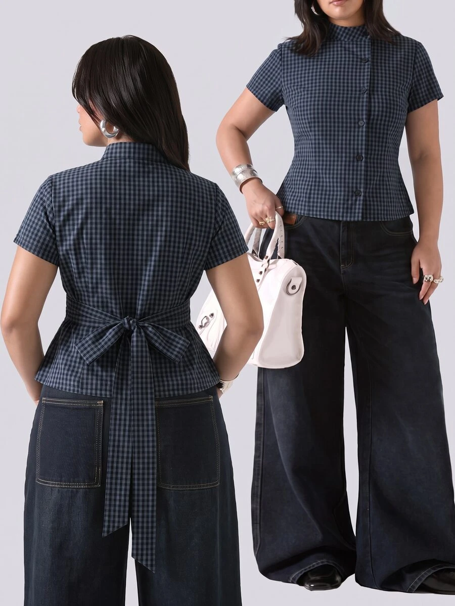 LYSMO Plus Size Women's Summer Casual Plaid Tie Waist Blouse Office Formal Navy Blue - Royal Blue - View 1