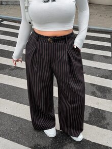 SHEIN EZwear 大尺碼純色鈕扣開合休閒寬腿褲附腰帶 秋冬款 - 黑色 - 查看 6