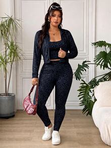 SHEIN EZwear 大尺碼女款豹紋內搭上衣、長袖開襟衫與內搭褲休閒運動牛仔日常套裝，灰色，適合秋季健身教練穿著 - 藏蓝色 - 查看 4