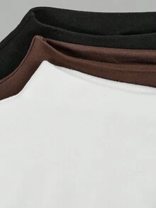 SHEIN 3件組青少年女孩童裝休閒針織立領長袖修身上衣，棕色與白色波點，冬季校園返校穿搭層次上衣 - 彩色 - 查看 9