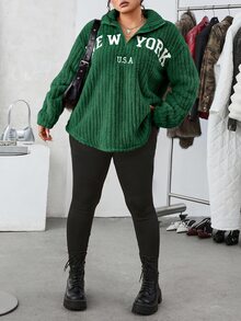 SHEIN EZwear 2件組休閒字母印花拉鍊抓絨連帽衫與修身瑜伽褲，百搭大尺碼，秋冬款 - 墨綠色 - 查看 5