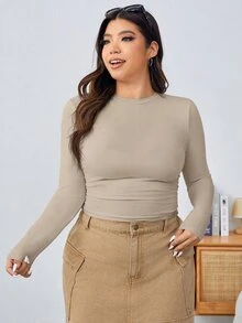 SHEIN EZwear 大尺碼女款純色圓領長袖休閒寬鬆街頭風修身T恤，適合秋季正式場合、度假、海灘，黑色 - 杏色 - 查看 3