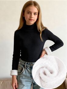 SHEIN Sparklyn 少女款抓絨冬季極簡休閒百搭保暖修身長袖高領上衣，黑色/巧克力棕/米色，適合校園穿搭 - 黑色 - 查看 6