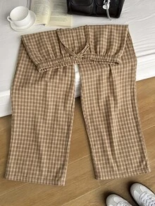 Comfortcana 巧克力棕色夏季休閒時尚 1950年代復古 1920年代 80年代日常格紋褲 寬鬆抽繩腰褶皺寬腿大尺碼長褲 正式 - 彩色 - 查看 2