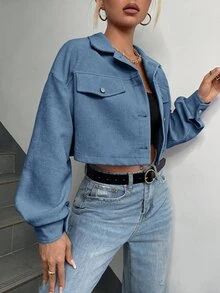 SHEIN EZwear 春季穿搭落肩翻蓋設計短版燈芯絨夾克 秋冬款 - 霧霾藍 - 查看 5