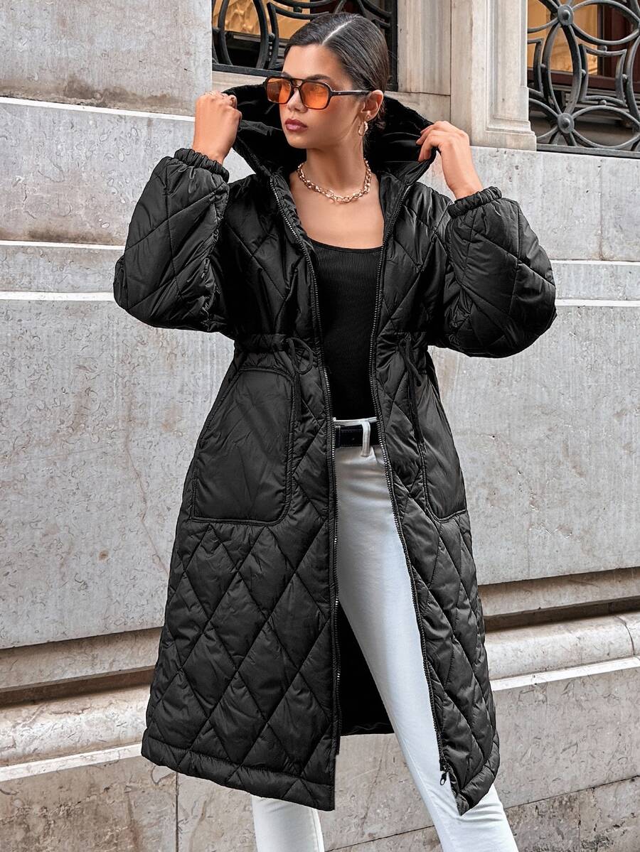 SHEIN معطف شتوي مبطن بلون موحد كاجوال متعدد الاستخدامات للنساء - الأسود - مشاهدة 1