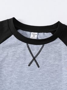 SHEIN 青少年男孩休閒舒適百搭拼接拼色插肩袖長袖上衣與長褲睡衣套裝 - 黑色 - 查看 3