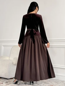 Veilorie Women's Round Neck Long Sleeve Elegant Arabian Dress - Coffee Brown - View 2