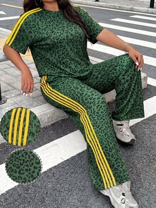 SHEIN EZwear 大尺碼女款豹紋圓領T恤與長褲休閒兩件套 巧克力棕色 夏季商務風 - 綠色 - 查看 5