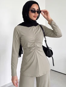 Solavon طقم رياضي كاجوال يومي للنساء بلون موحد، ملابس علوية بأكمام طويلة مطوية وبنطال - كاكي - مشاهدة 4