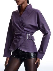 LYSMO Women's Solid Color Side Waist Eyelet Buckle Design Long Sleeve Jacket - Purple - View 3
