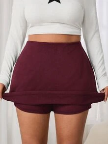 SHEIN EZwear 大尺碼女款黑色休閒柔軟裙褲，附口袋，適合秋季健身與網球運動 - 酒紅色 - 查看 1