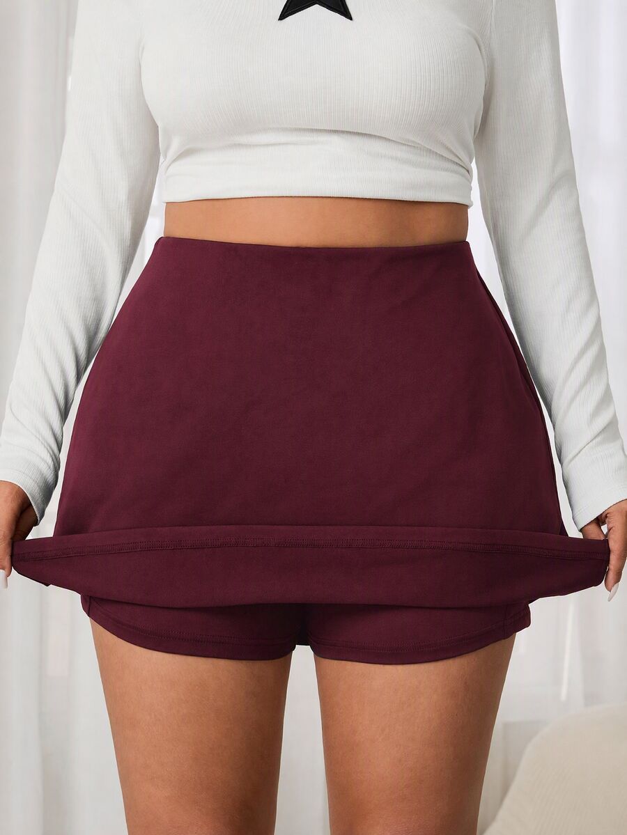 SHEIN EZwear 大尺碼女款黑色休閒柔軟裙褲,附口袋,適合秋季健身與網球運動 - 酒紅色 - 查看 1