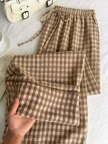Comfortcana 巧克力棕色夏季休閒時尚 1950年代復古 1920年代 80年代日常格紋褲 寬鬆抽繩腰褶皺寬腿大尺碼長褲 正式 - 彩色 - 查看 7
