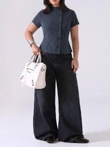 LYSMO Plus Size Women's Summer Casual Plaid Tie Waist Blouse Office Formal Navy Blue - Royal Blue - View 5