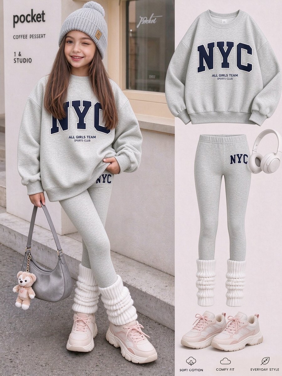 時尚復古純灰色簡約百搭 NYC 字母印花女款休閒抓絨圓領套頭衛衣＋內搭褲 2 件套，新款適合秋冬日常、外出、校園、運動，隨性時髦美式街頭甜酷風 - 白色 - 查看 1