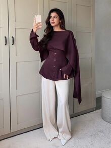 Veilorie 女款優雅通勤純色披肩領繫腰襯衫 - 中紫紅色 - 查看 5