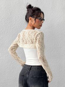 SHEIN EZwear 夏季新款白色蕾絲修身披肩上衣 - 杏色 - 查看 2