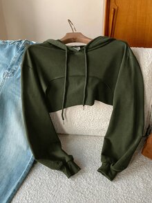 SHEIN EZwear 抽繩設計超短版連帽衛衣－黑白配色，秋冬長袖上衣 - 軍綠色 - 查看 5