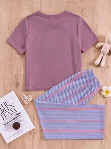 青少年女孩休閒甜美少女風簡約條紋圓領短袖長褲家居服套裝，適合日常居家穿著，舒適自在，休閒穿搭，時尚少女風 - 彩色 - 查看 2