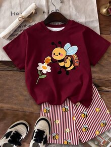 Setelan 2 Potong Atasan Lengan Pendek dan Celana Pendek Motif Kartun Minimalis Kasual untuk Remaja Perempuan, Cocok untuk Remaja Perempuan - MultiWarna - View 3