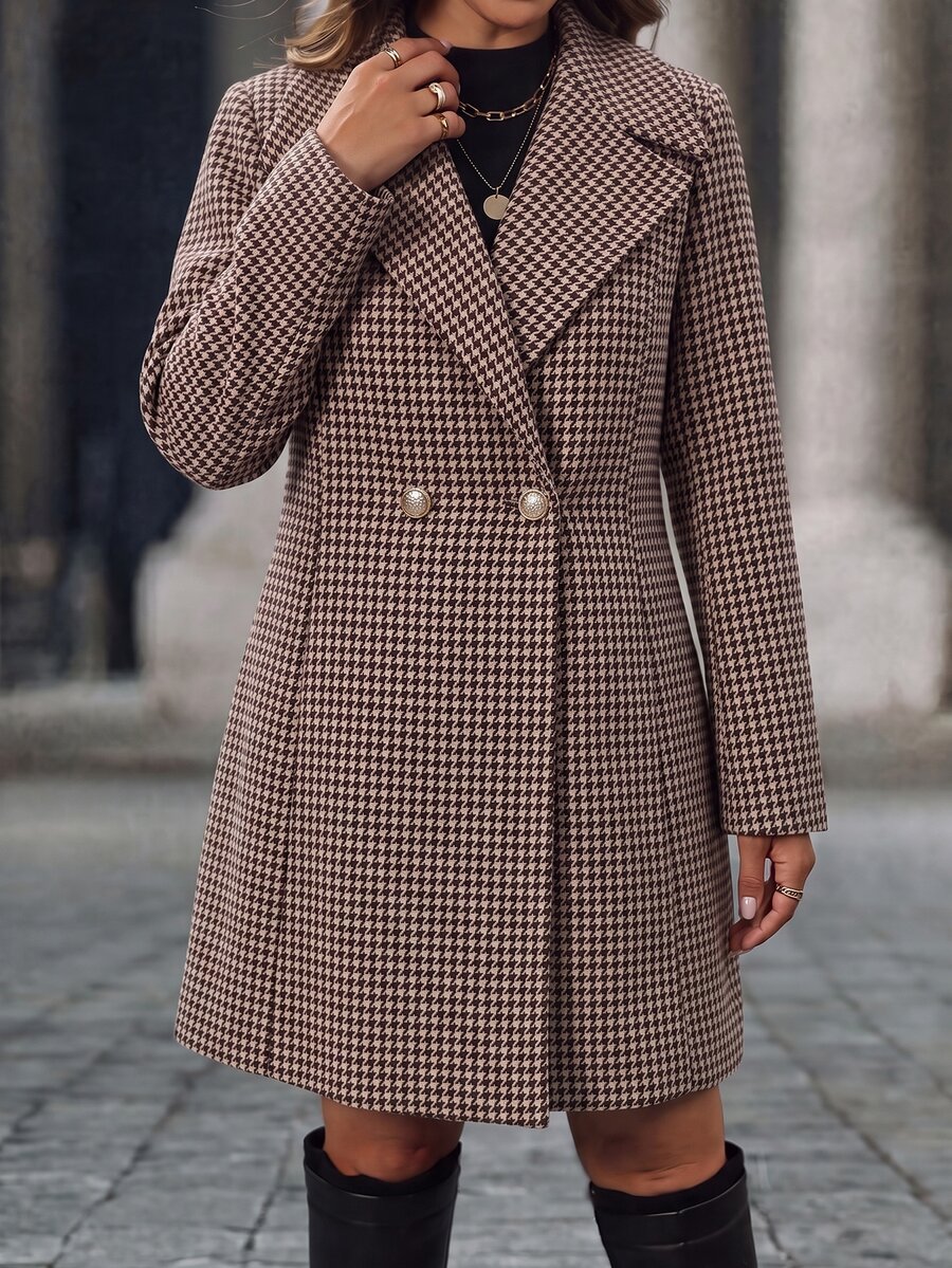 SHEIN LUNE Plus Size Casual Button-Up Pocket Houndstooth Pattern Wool Blend Jacket - Multicolor - View 1