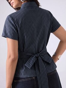 LYSMO Plus Size Women's Summer Casual Plaid Tie Waist Blouse Office Formal Navy Blue - Royal Blue - View 2