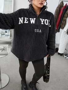 SHEIN EZwear 2件組休閒字母印花拉鍊抓絨連帽外套與修身瑜伽褲，百搭大尺碼，秋冬款 - 深灰色 - 查看 6