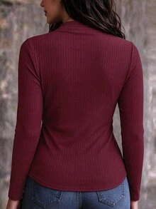 SHEIN Clasi تي شيرت نسائي مقاس كبير بلون موحد كاجوال للاستخدام اليومي بأكمام طويلة - عنابي اللون - مشاهدة 2